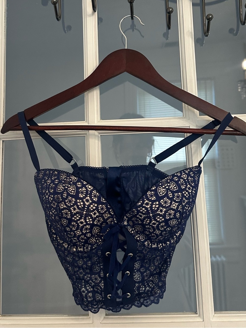VICTORIA’S SECRET Women’s Blue Lace Padded Demi Longline Lace Up Bra Size 34D